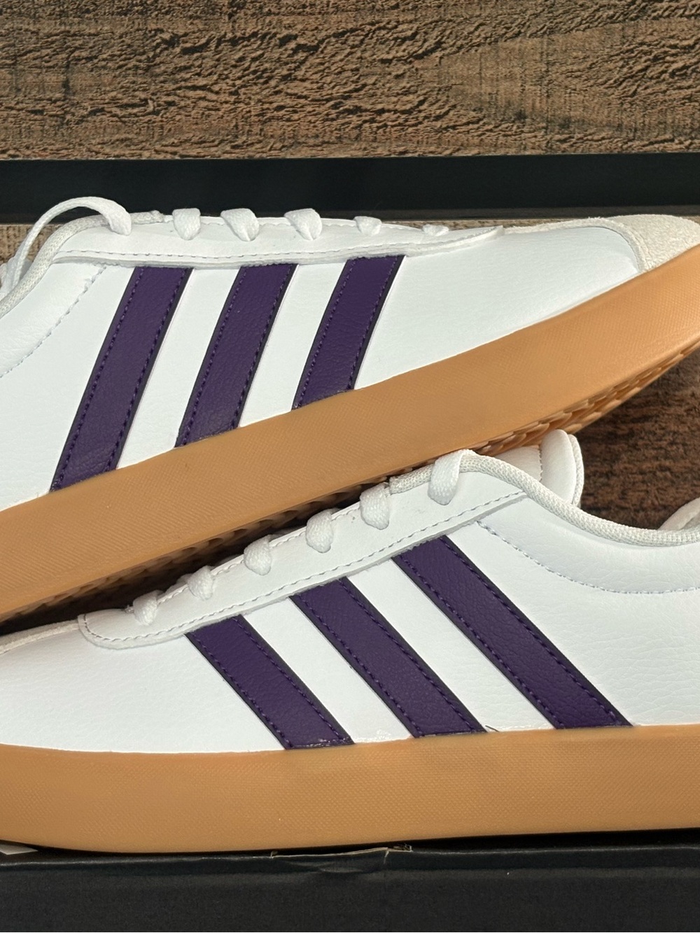 adidas White Leather Sneakers with Purple Stripes and Gum Outsole